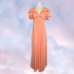 Vtg 60s JCPenney Peach Pink Cottage Mod Retro Ruffle Empire Waist Dress Sz 7